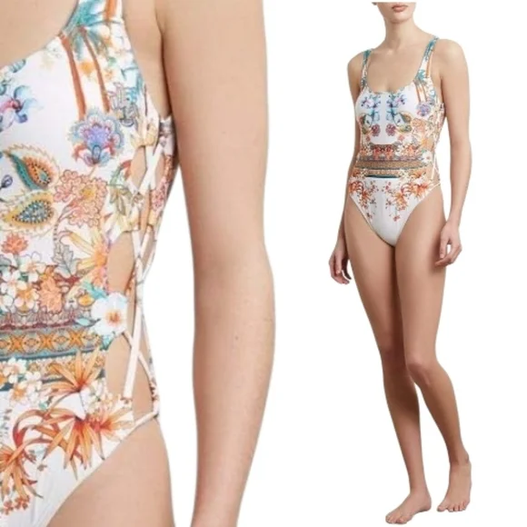 NWT Cole New York Tahiti Plunge Lattice Side Mio One Piece sz L